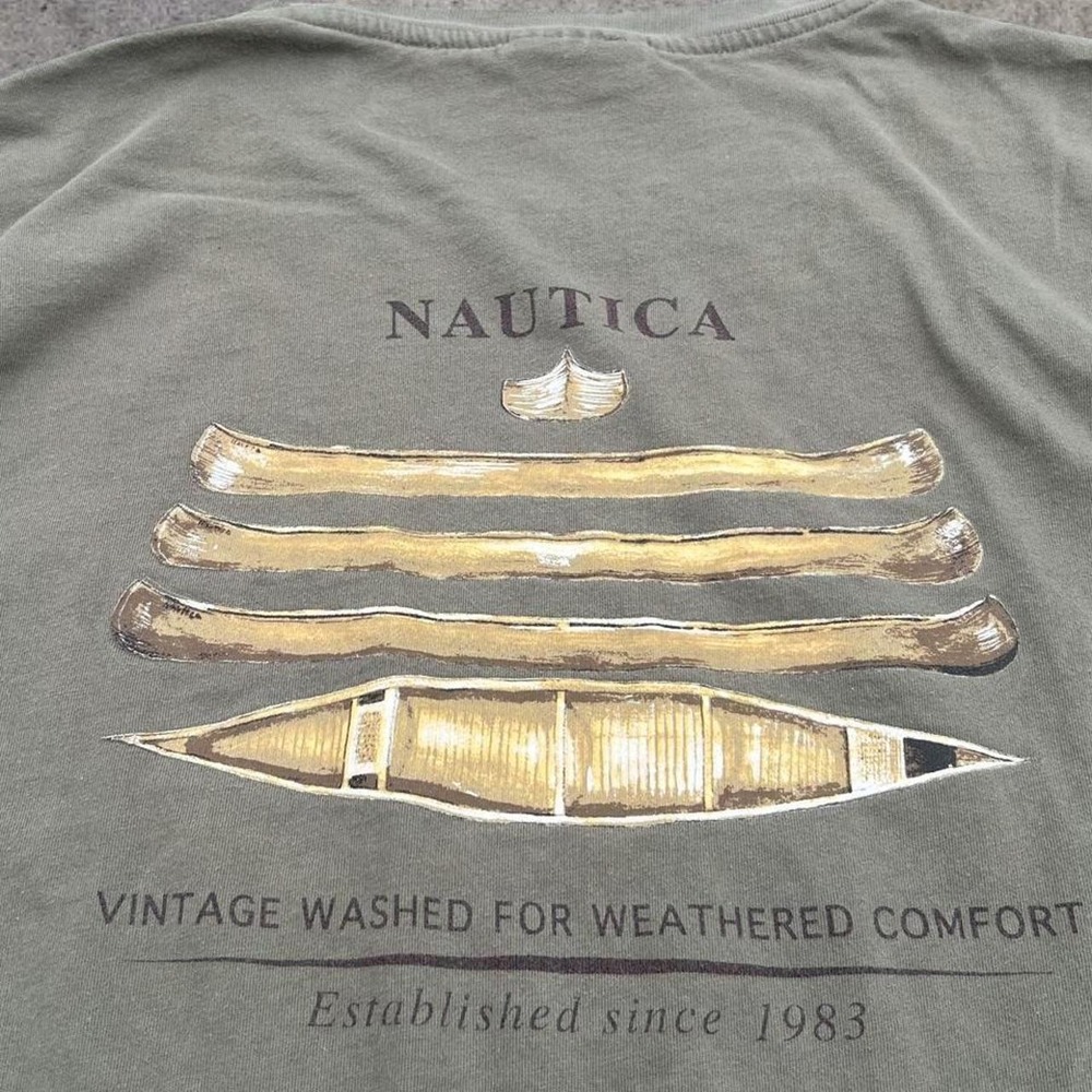 Vintage 90s Nautica Canoe‎ Graphic Pocket T Shirt Olive Green USA Made Mens XXL